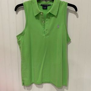 Lime green with lavender horse, Ralph Lauren Sport sleeveless polo type shirt.